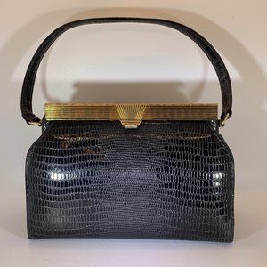 Meyers Made in USA 1960's Handbag Vintage Hard Shell Faux Lizard Gold Hardware